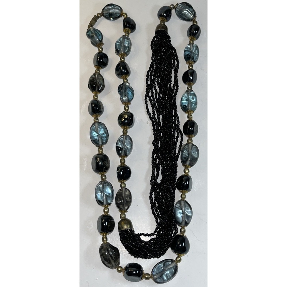 Vintage Necklace Glass Bead Seed Multi Strand Tourmaline Gold Tone Spacers Chic